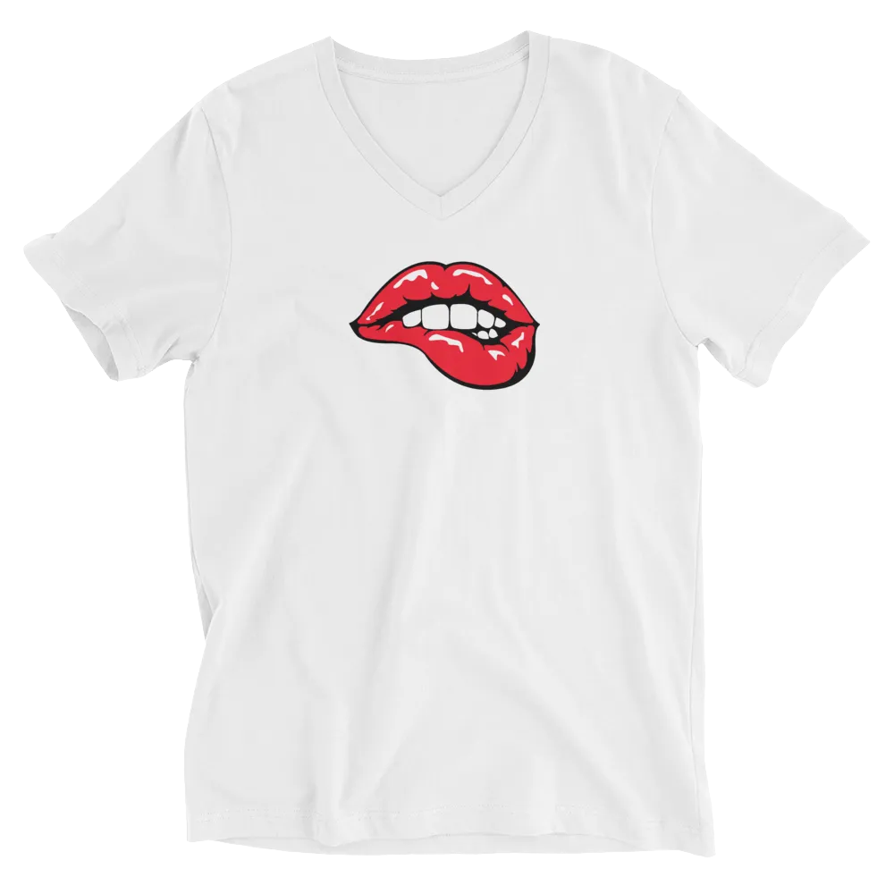 Sexy Mouth Short Sleeve V-Neck T-Shirt White