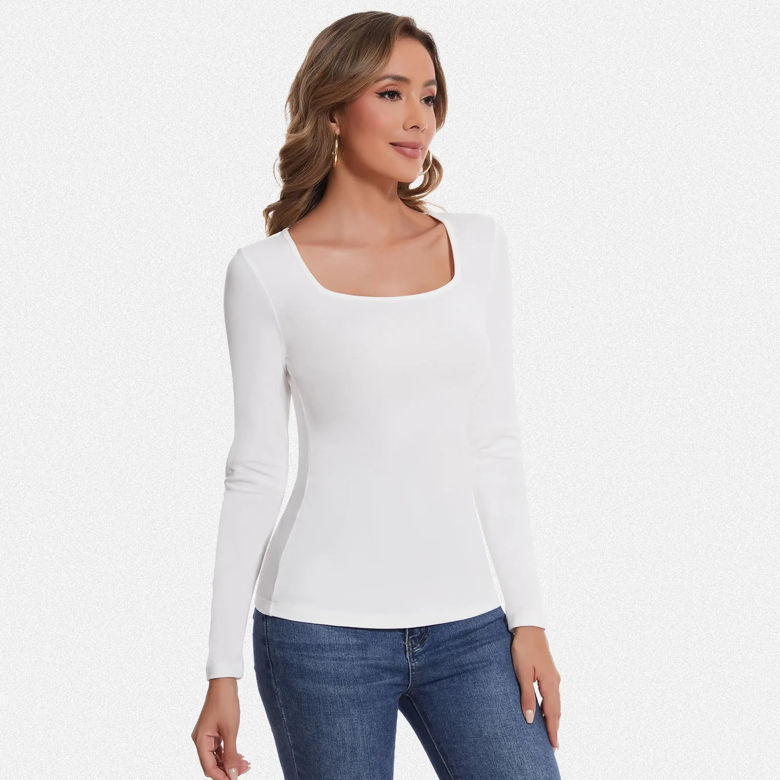 Shaperin Long Sleeve Square Neck Basic Slim Fit Top