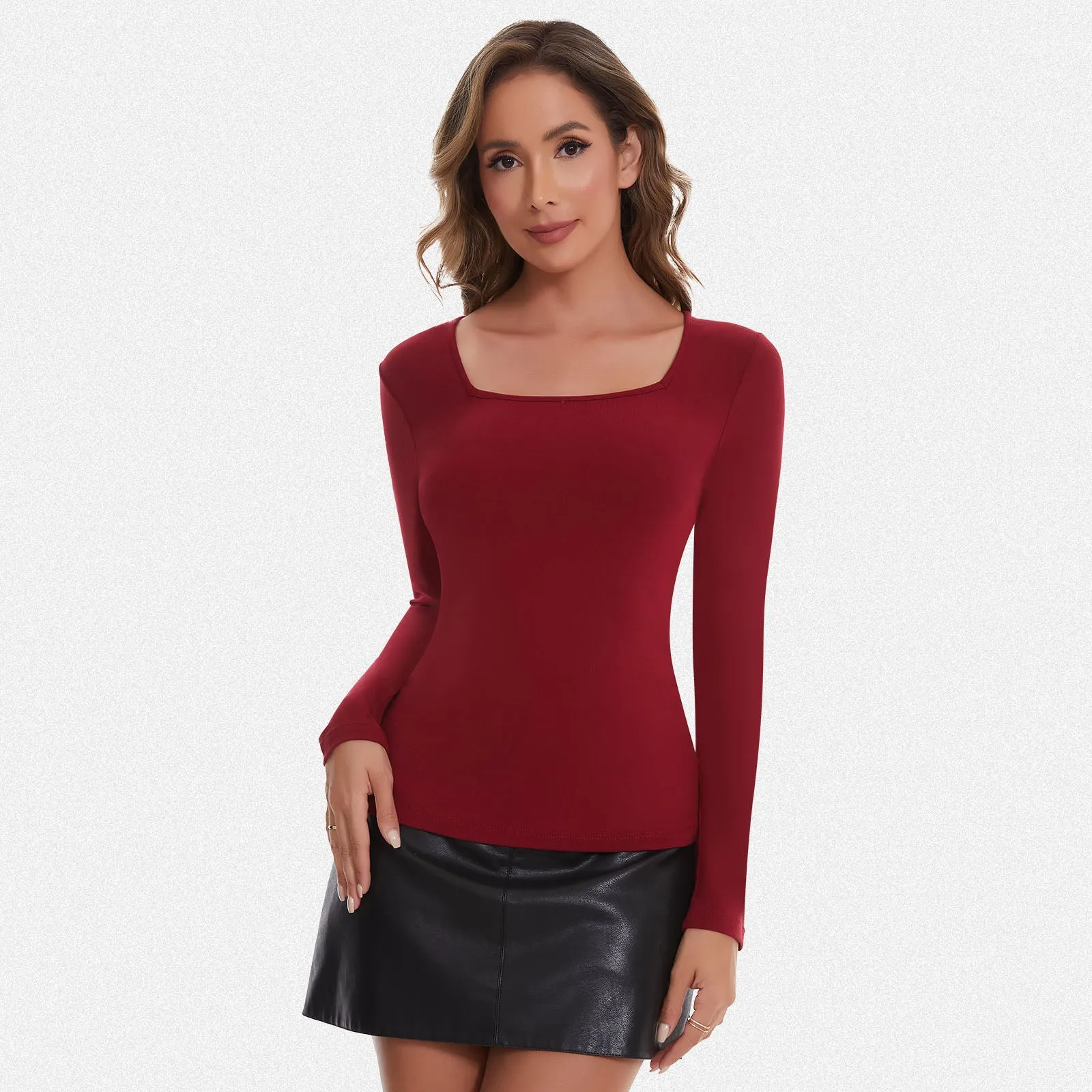 Shaperin Long Sleeve Square Neck Basic Slim Fit Top