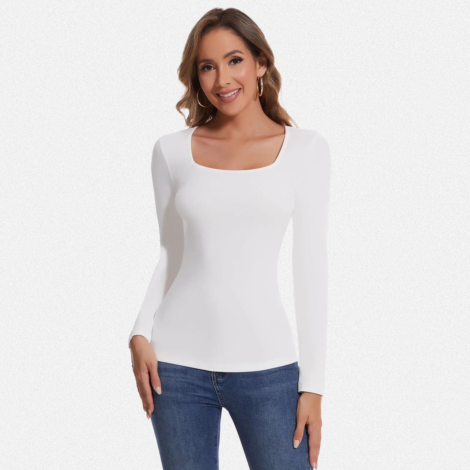 Shaperin Long Sleeve Square Neck Basic Slim Fit Top