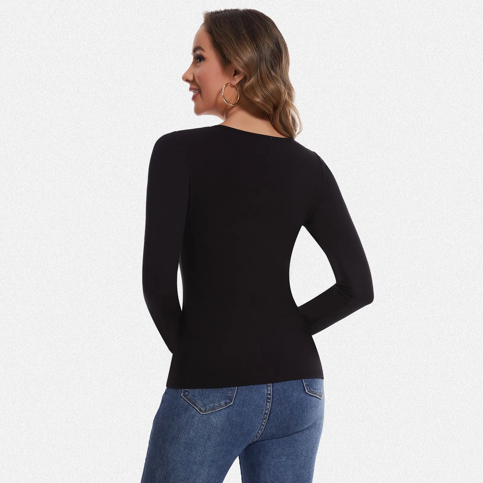 Shaperin Long Sleeve Square Neck Basic Slim Fit Top