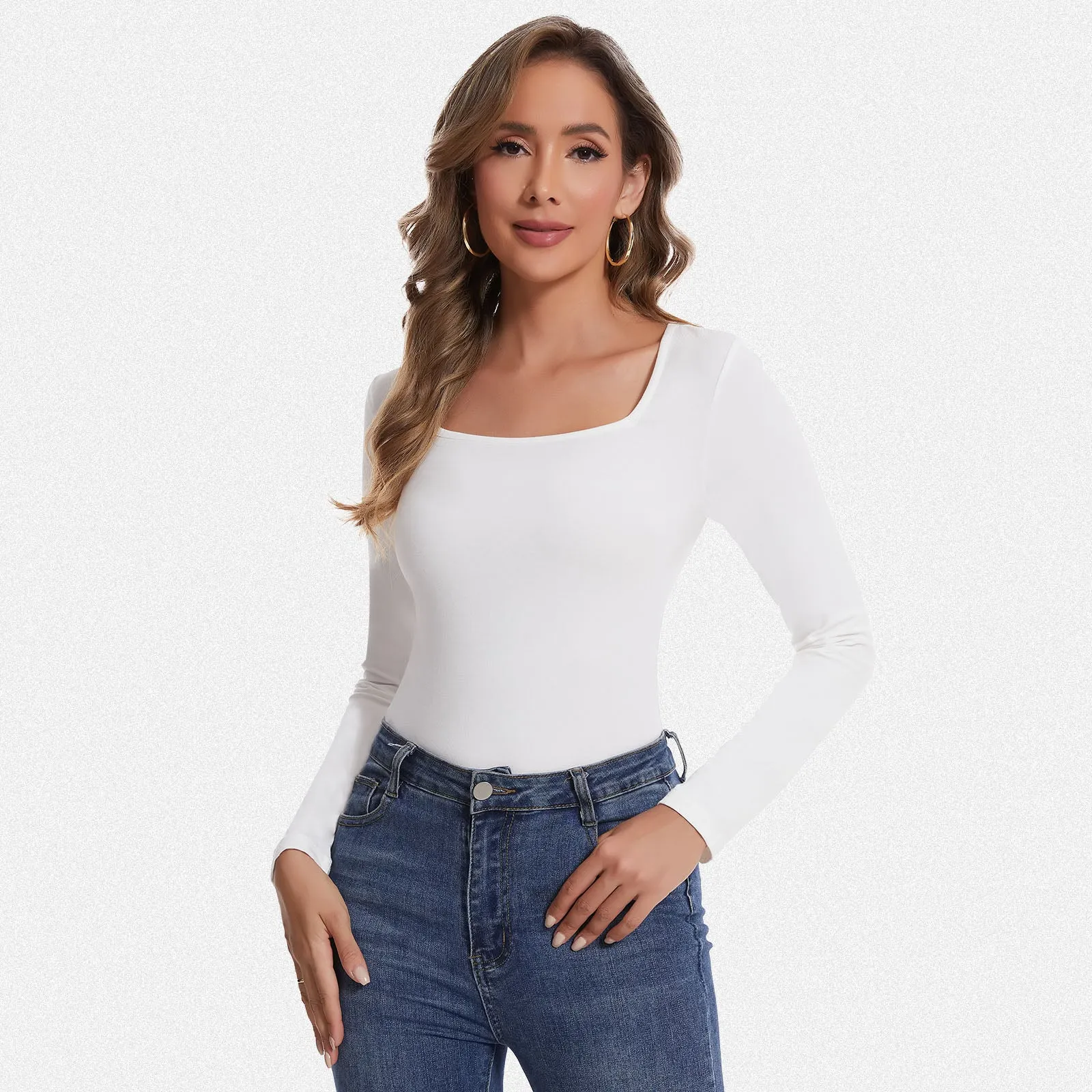 Shaperin Long Sleeve Square Neck Basic Slim Fit Top