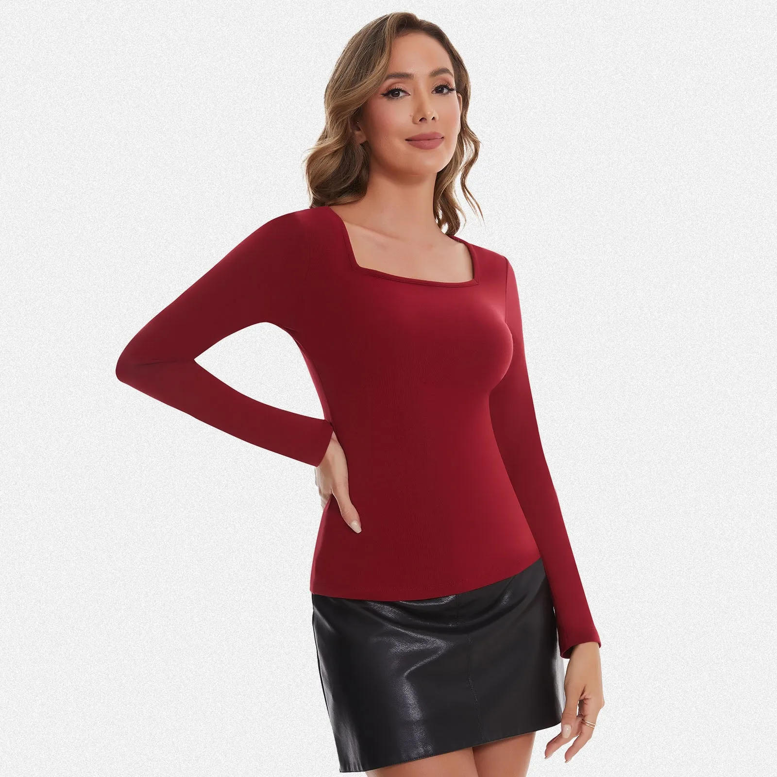 Shaperin Long Sleeve Square Neck Basic Slim Fit Top