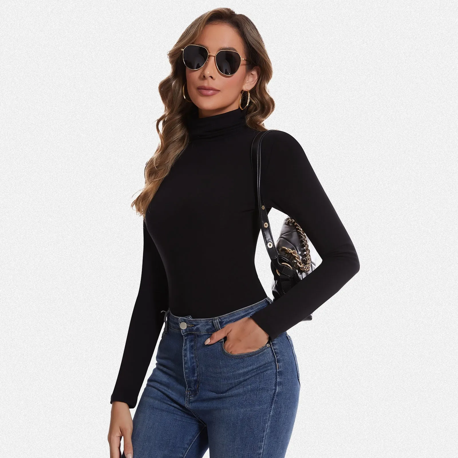 Shaperin Long Sleeve Turtleneck Tops Slim Pullover Shirts