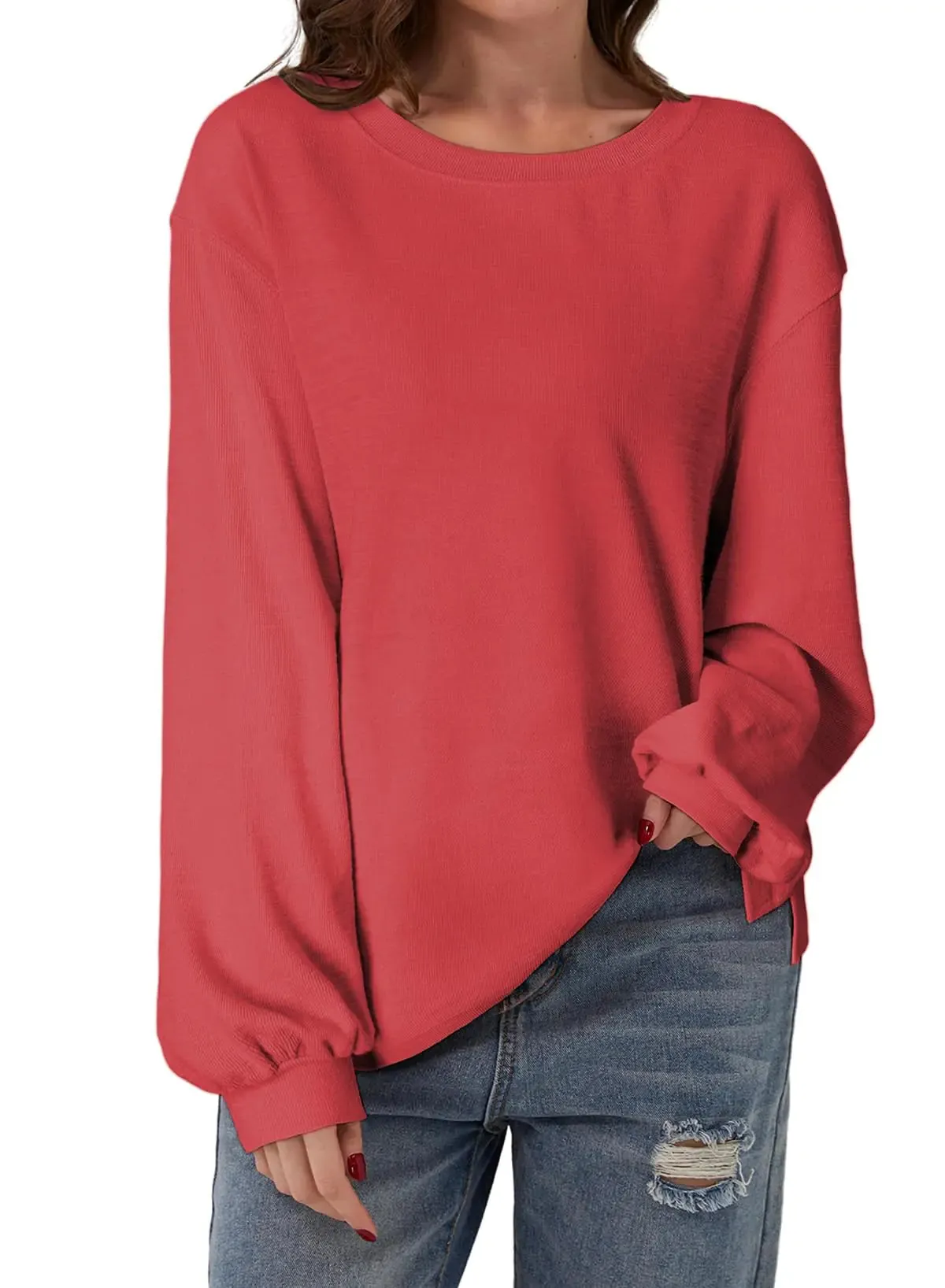 SHEWIN Women's Casual Long Sleeve Shirts Cute Crewneck Basic Loose Fit Tunic Tops X-Large Racing Red