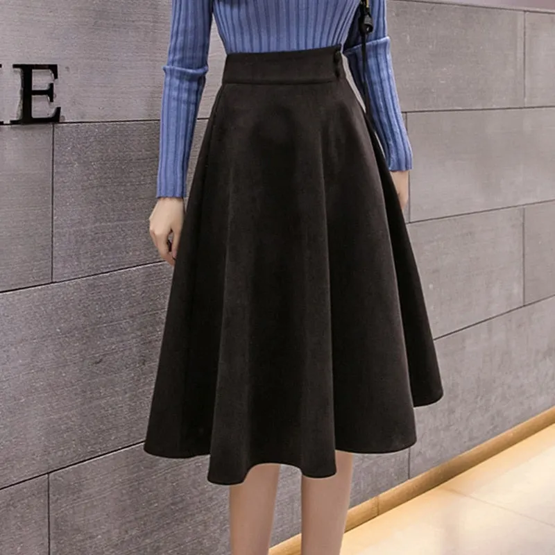 Skirt High Waist Two Button Solid Woolen Skirts