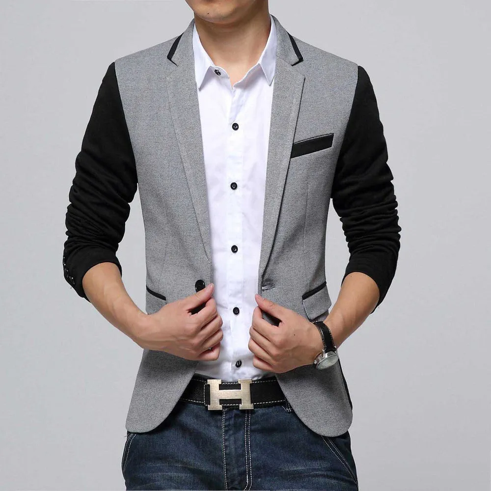 Slim Fit Casual jacket Cotton Men Blazer Jacket Single Button Gray Mens Suit Jacket Autumn Patchwork Coat Male Suite