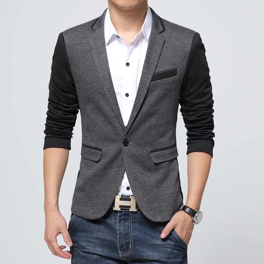 Slim Fit Casual jacket Cotton Men Blazer Jacket Single Button Gray Mens Suit Jacket Autumn Patchwork Coat Male Suite
