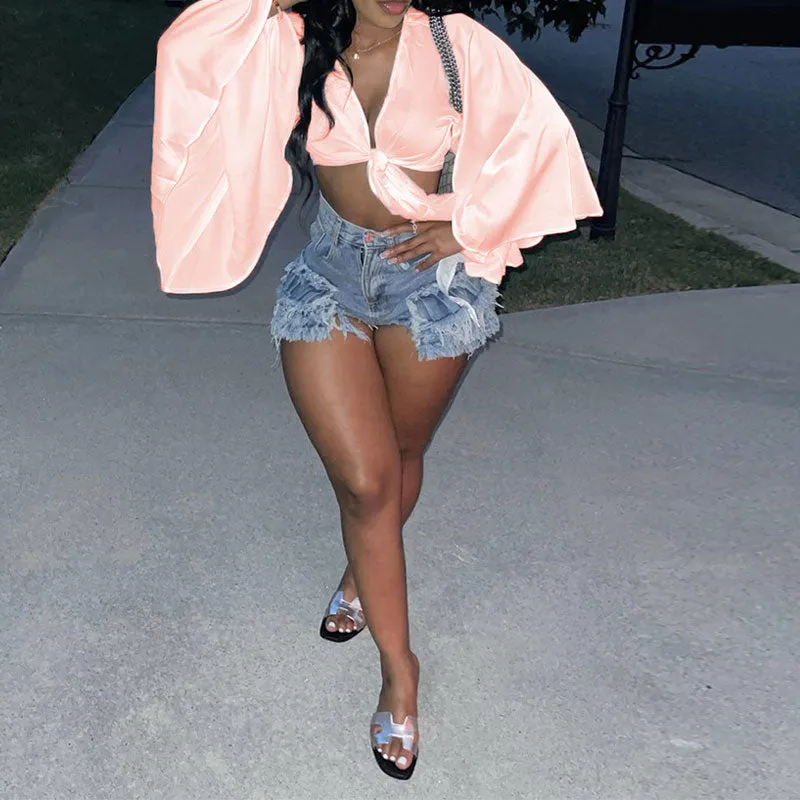 Solid Deep V-Neck Flared Sleeve Crop Top