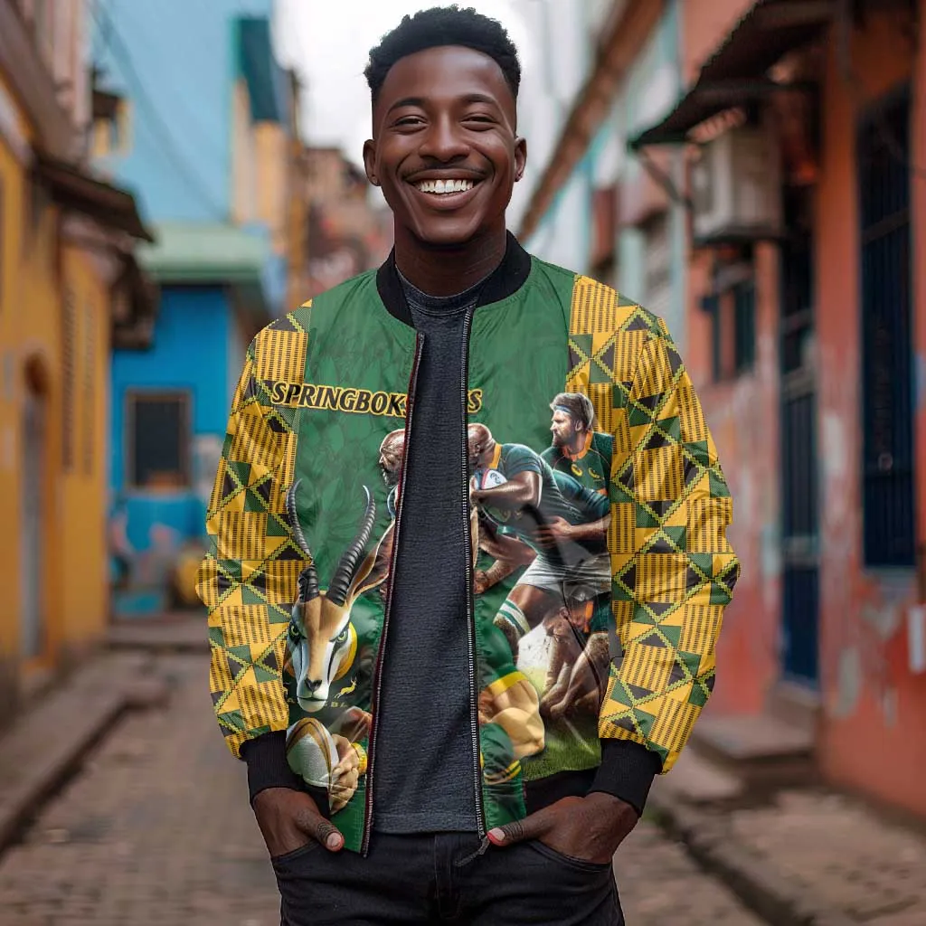 South Africa Rugby Bomber Jacket - Springbok Mascot, Players Fighting for Victory LT03