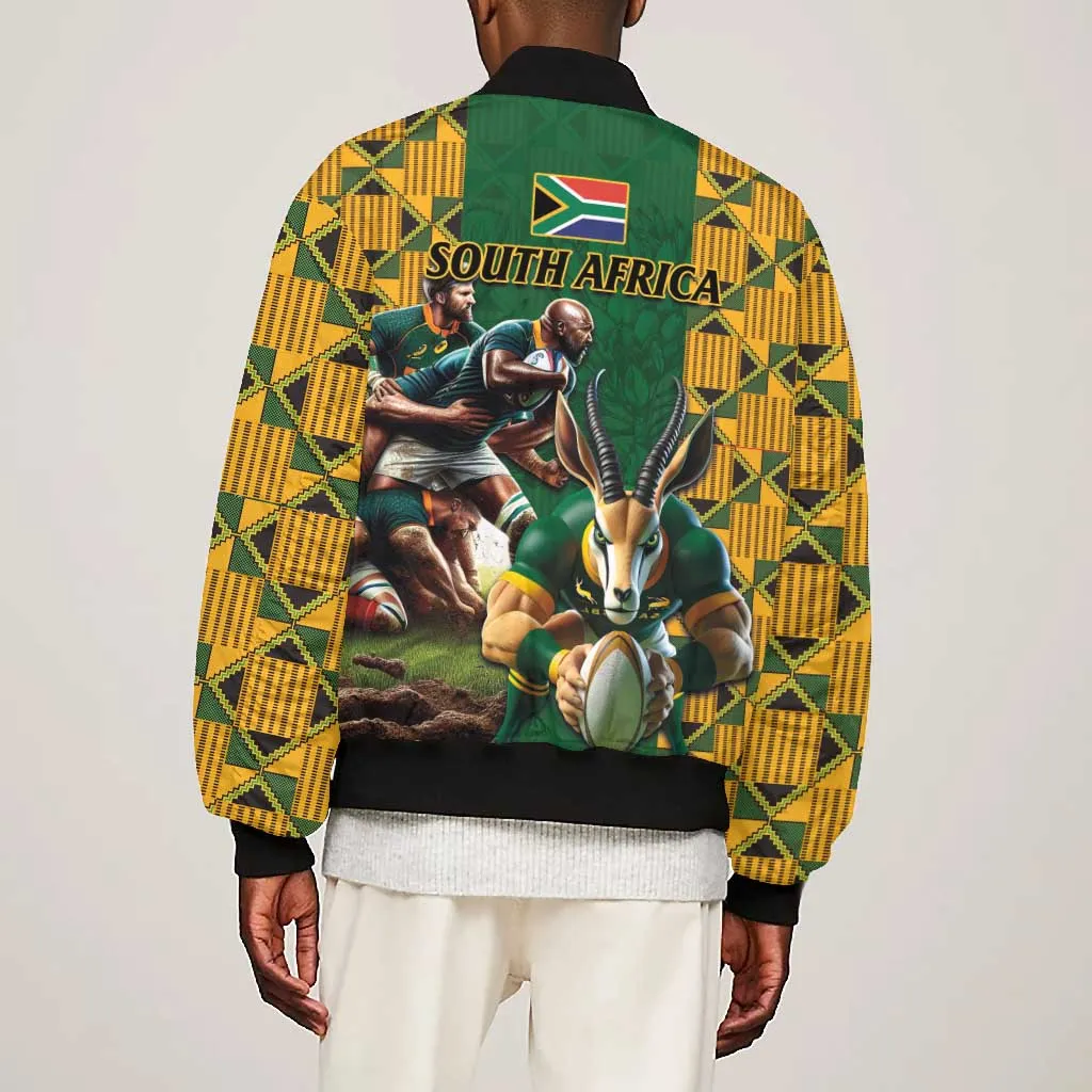 South Africa Rugby Bomber Jacket - Springbok Mascot, Players Fighting for Victory LT03