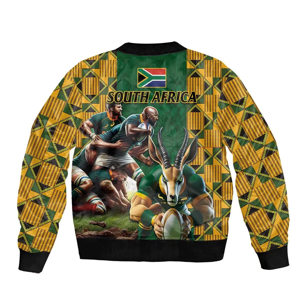 South Africa Rugby Bomber Jacket - Springbok Mascot, Players Fighting for Victory LT03