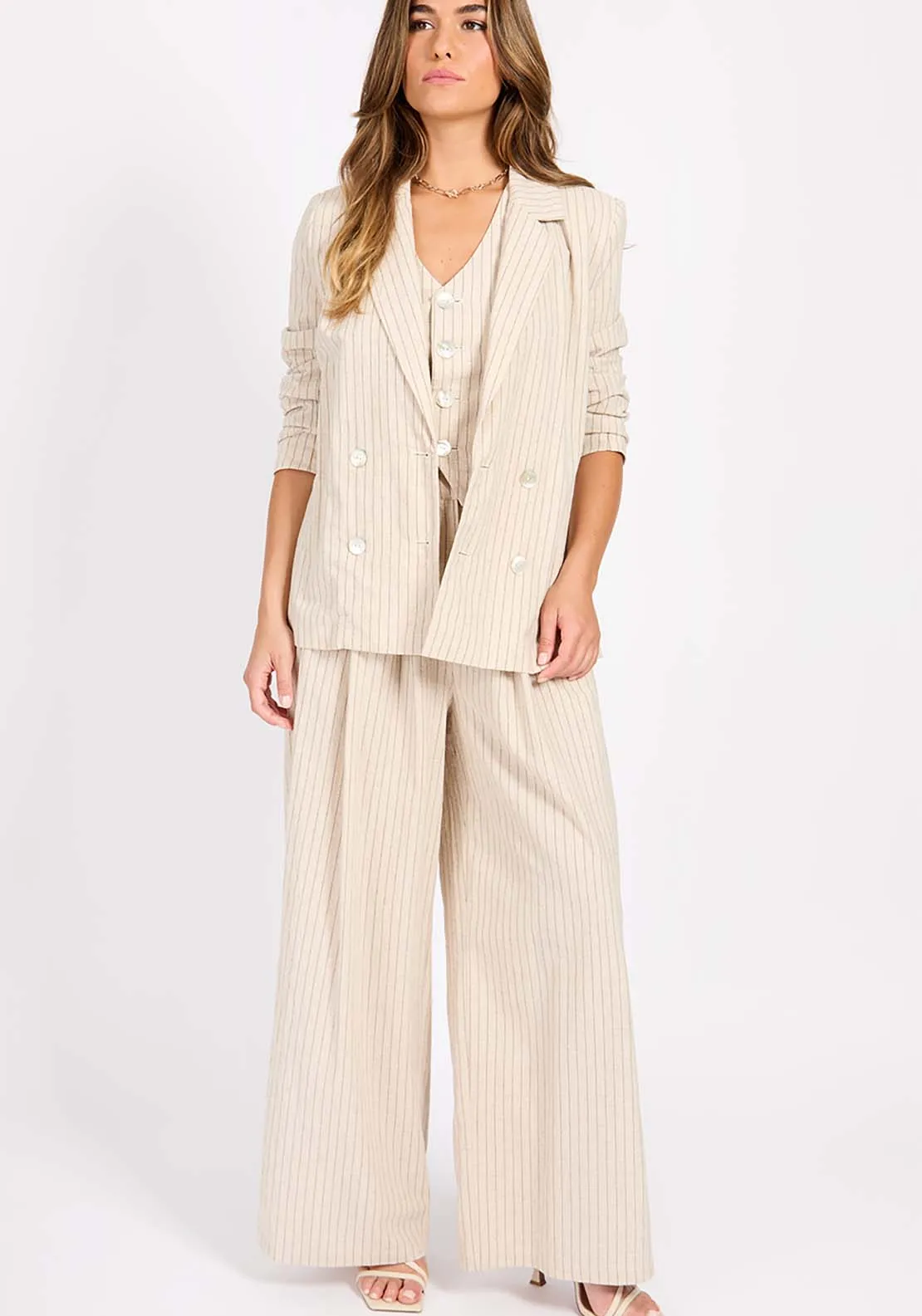 Striped Blazer With Linen Blend - Oatmeal