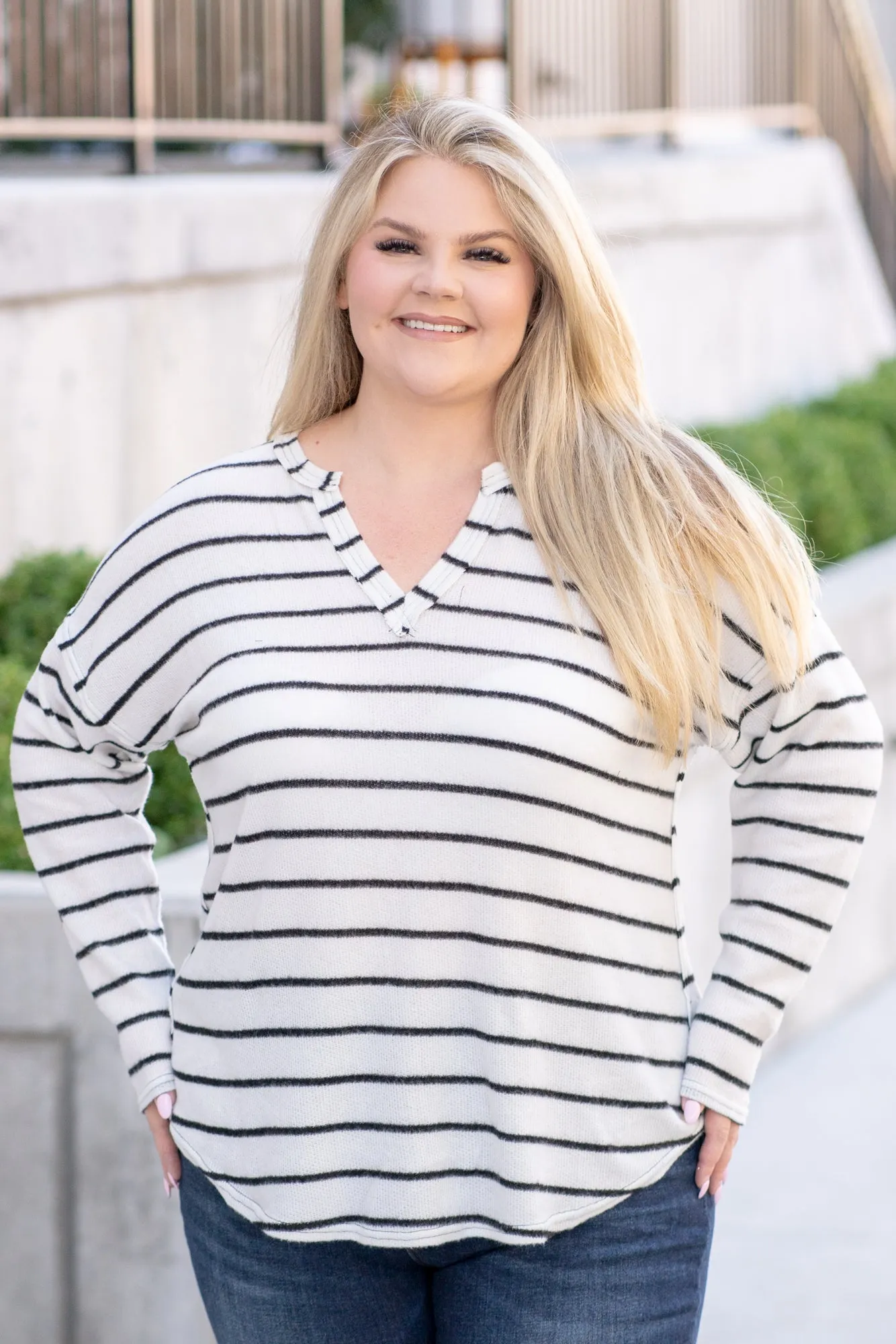 Striped Raw Edge Sweater - Ivory