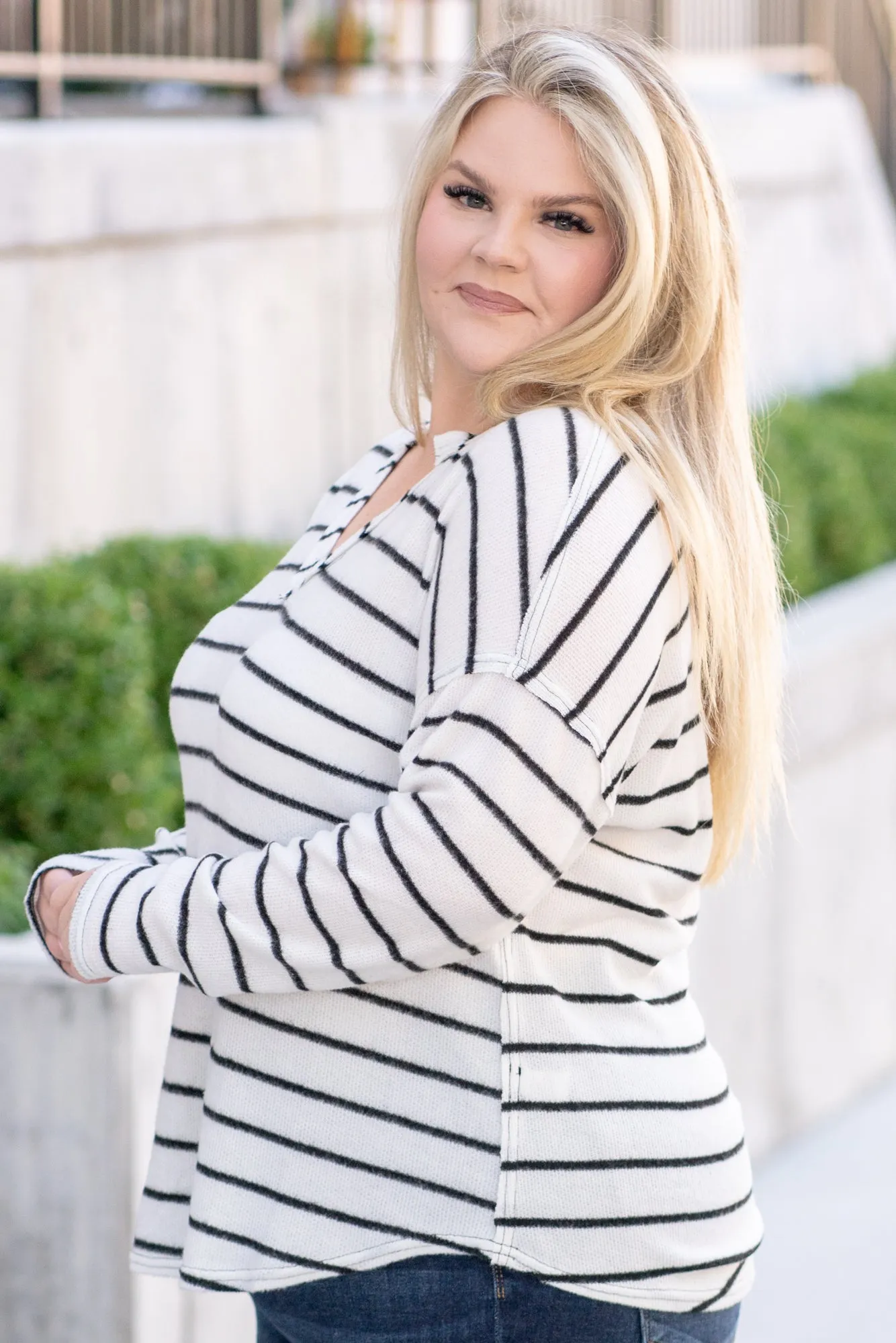 Striped Raw Edge Sweater - Ivory