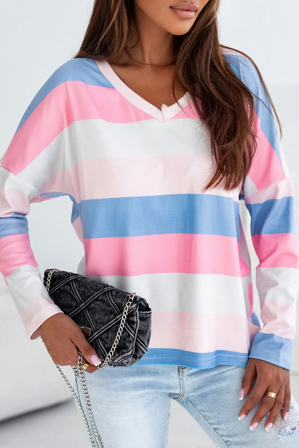 Striped V Neck Long Sleeve Top