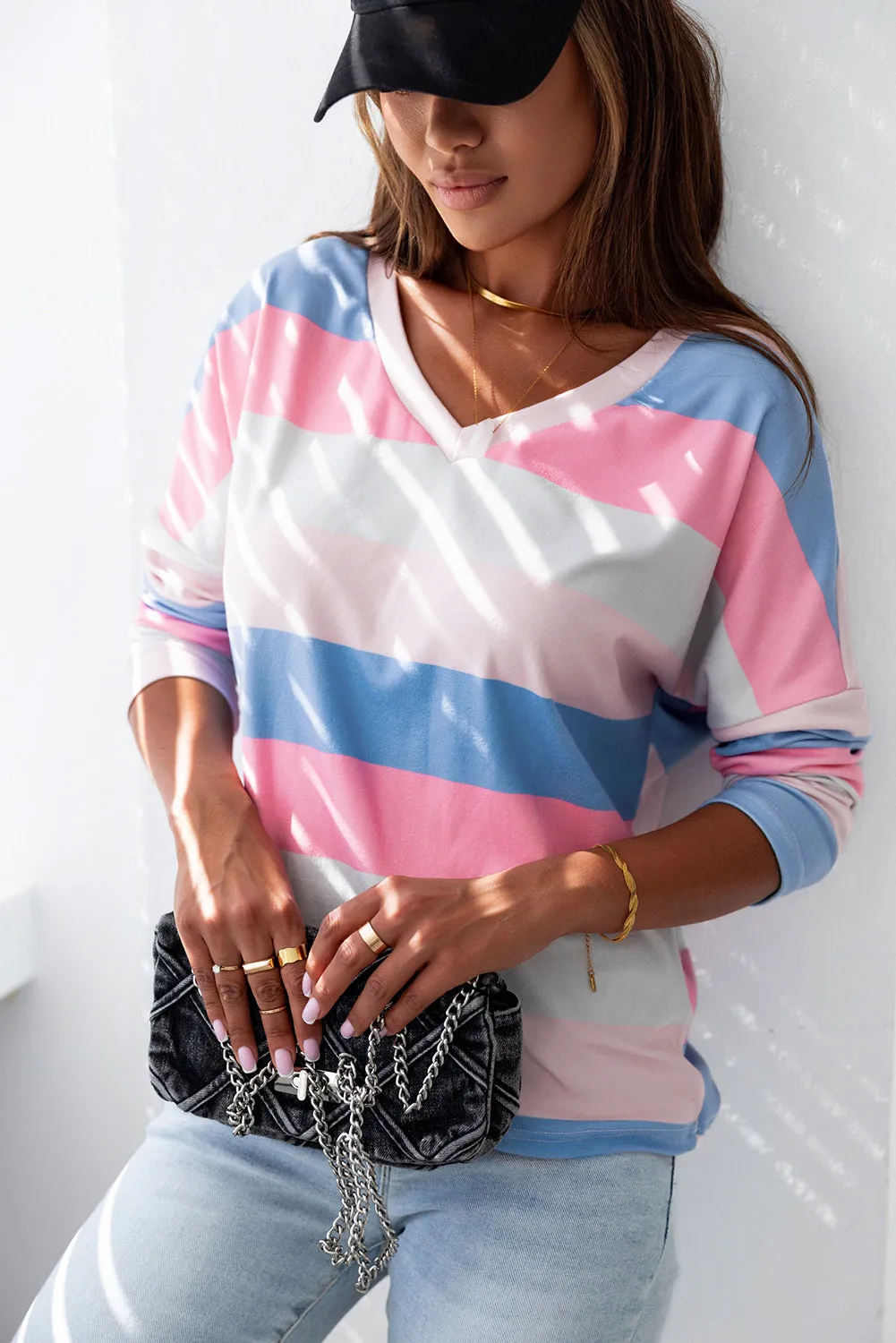 Striped V Neck Long Sleeve Top