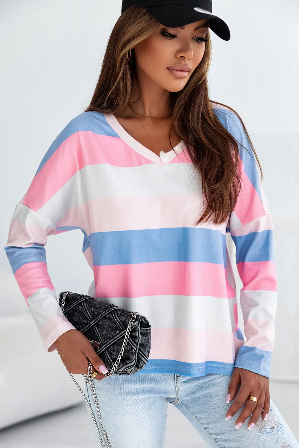 Striped V Neck Long Sleeve Top