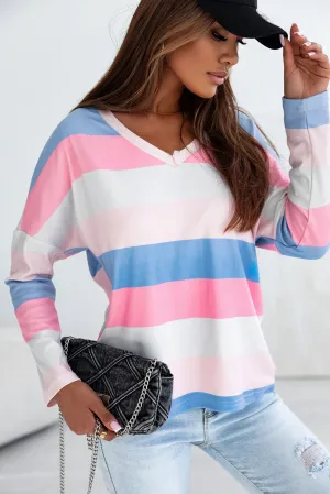 Striped V Neck Long Sleeve Top