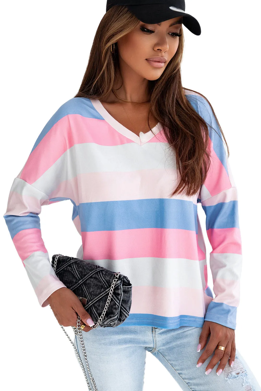 Striped V Neck Long Sleeve Top