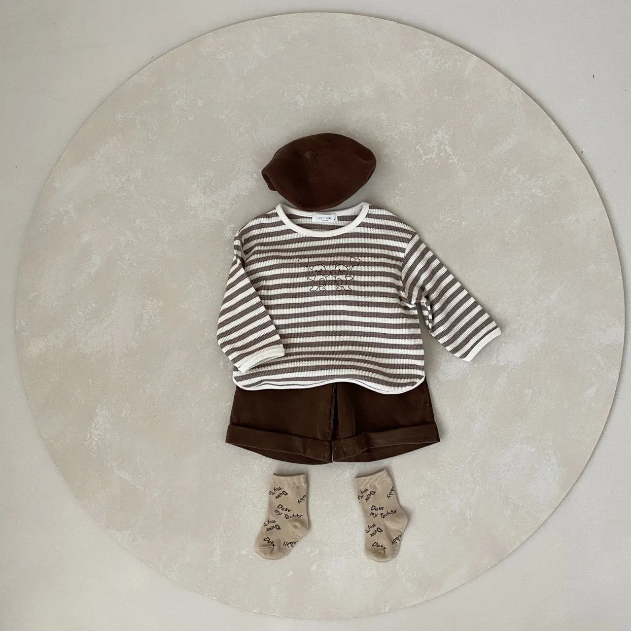Striped Waffle Long Sleeve with Bear Embroidery - Cocoa