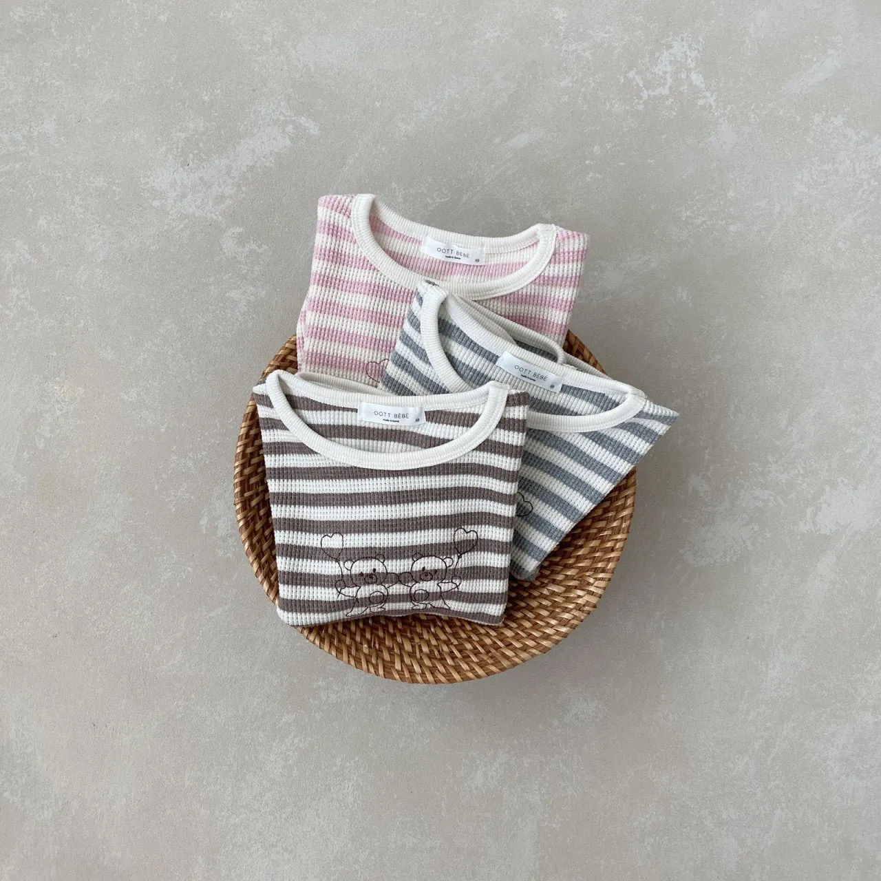 Striped Waffle Long Sleeve with Bear Embroidery - Cocoa