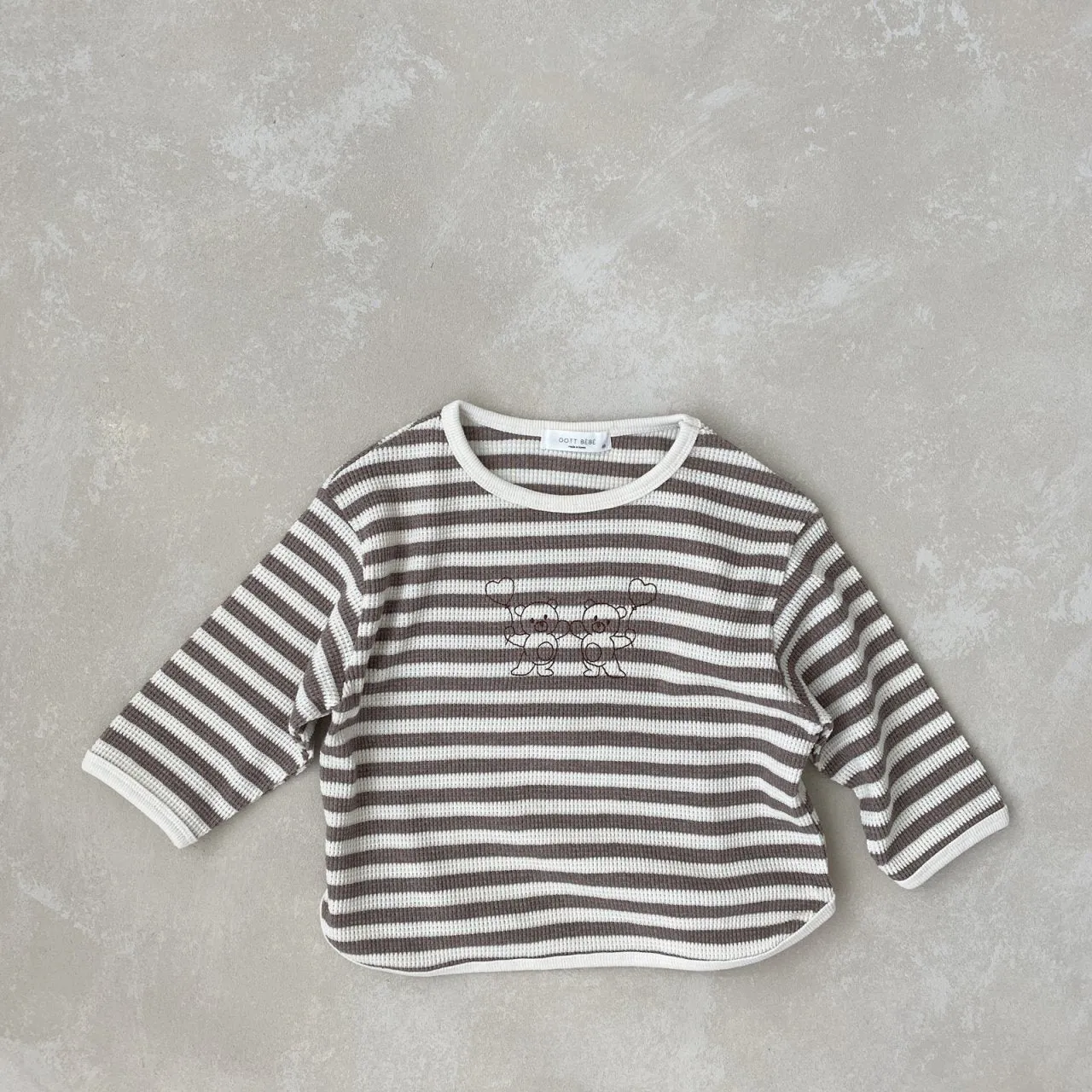 Striped Waffle Long Sleeve with Bear Embroidery - Cocoa