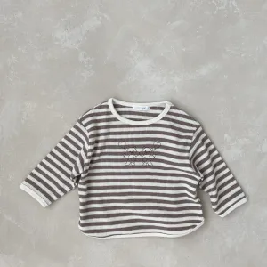 Striped Waffle Long Sleeve with Bear Embroidery - Cocoa