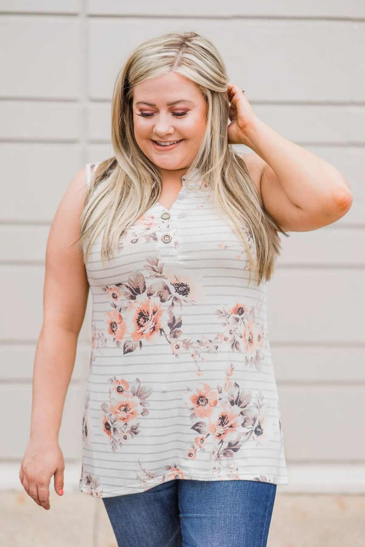 Stripes and Floral Tank Top- Ivory