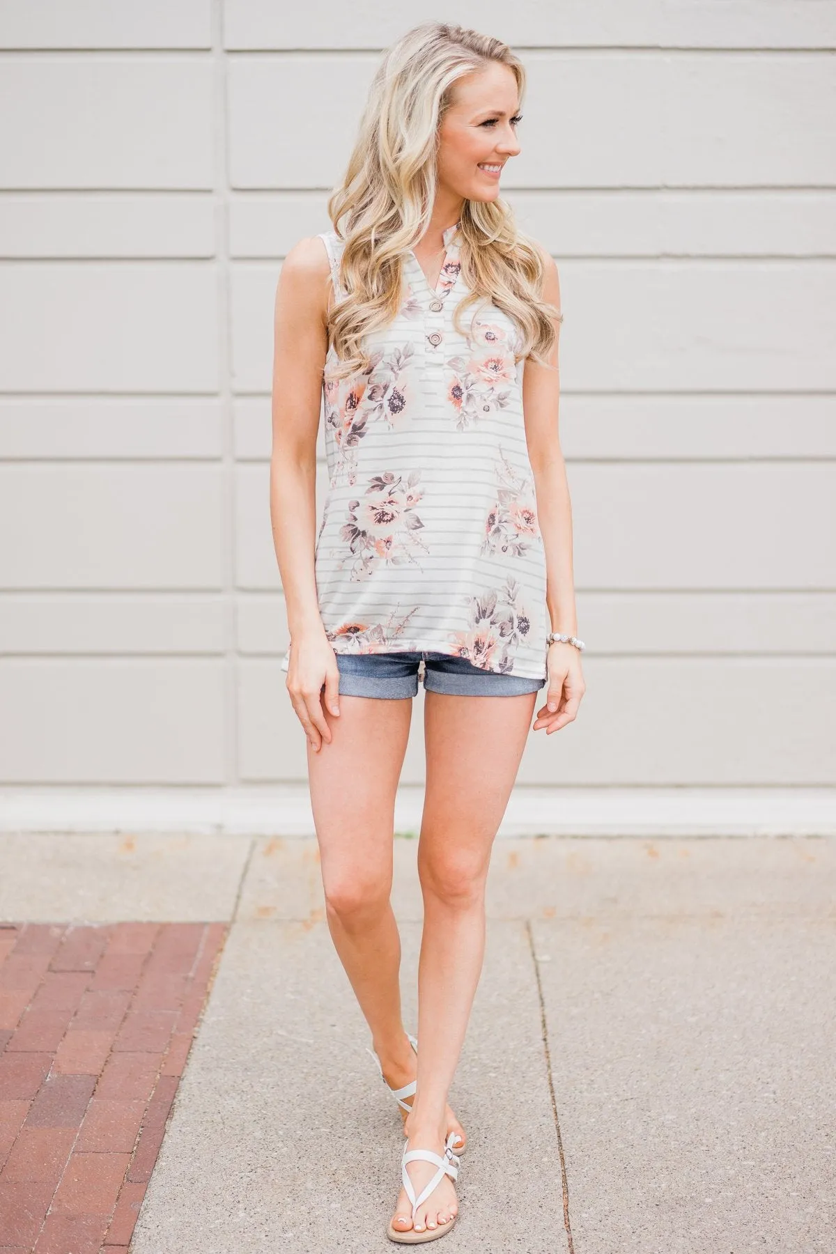 Stripes and Floral Tank Top- Ivory