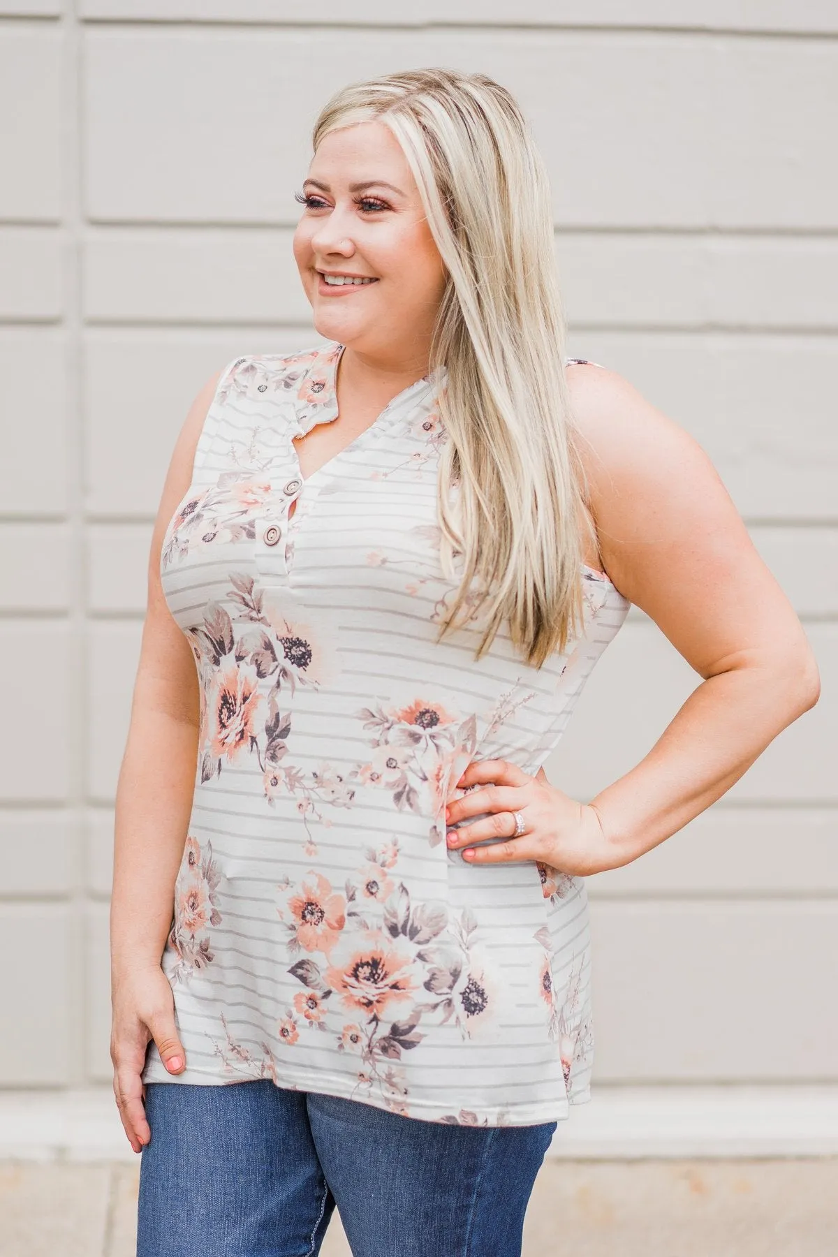 Stripes and Floral Tank Top- Ivory