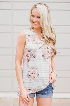 Stripes and Floral Tank Top- Ivory