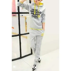 Stylish Letter Print Color Block Edging Cotton Blend Slimming Men's Thicken Long Sleeve Hoodie and Sweatpants - Silver 5xl