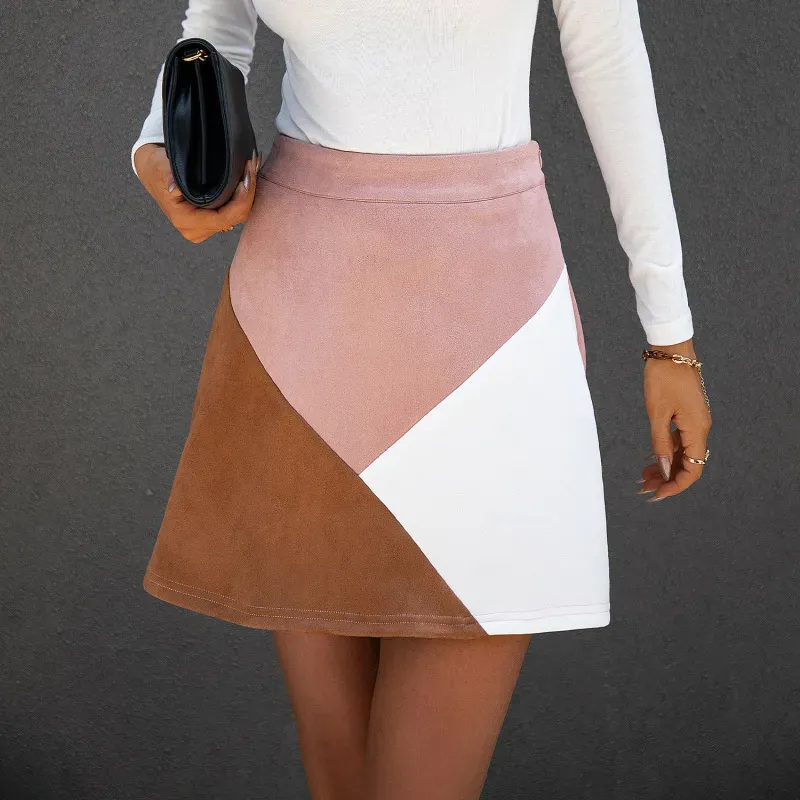 Suede Color Block High Waist A-Line Mini Skirt