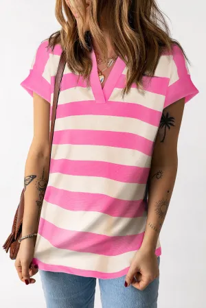Surlee Striped Notched Cap Sleeve Blouse