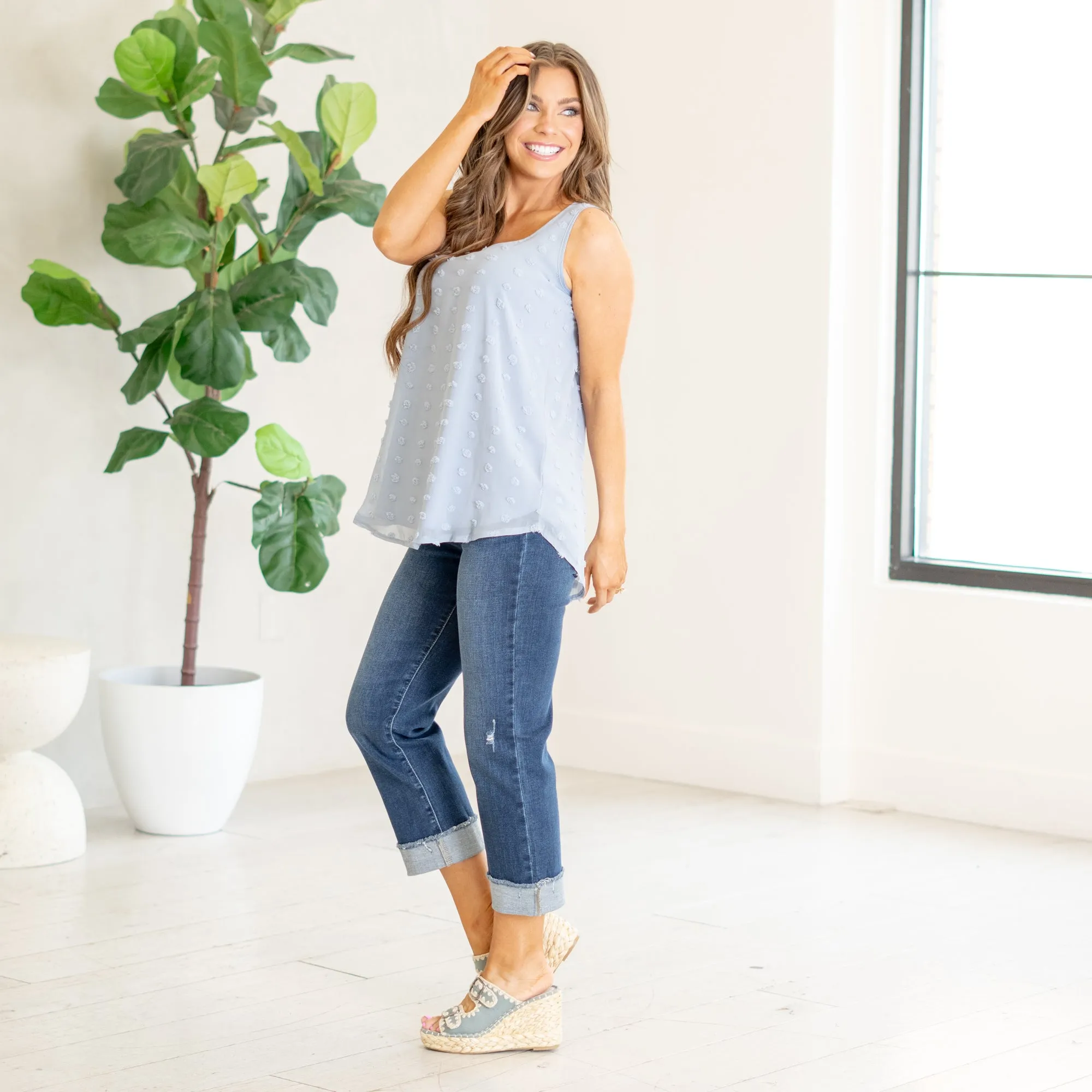 Swiss dot sleeveless round neck & round hem top