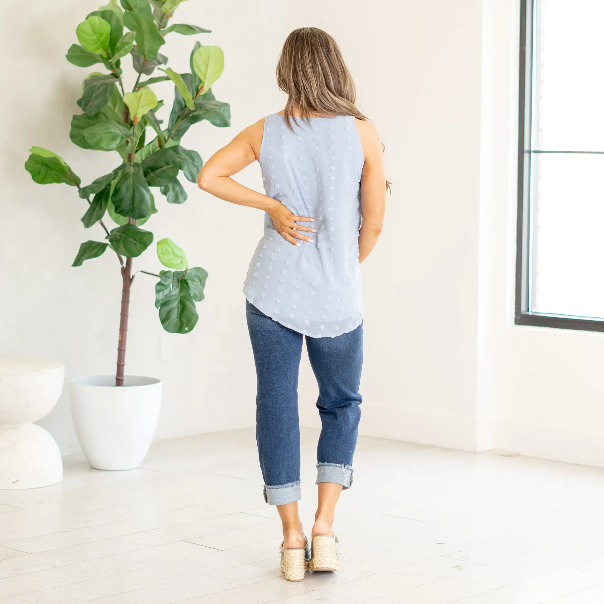 Swiss dot sleeveless round neck & round hem top