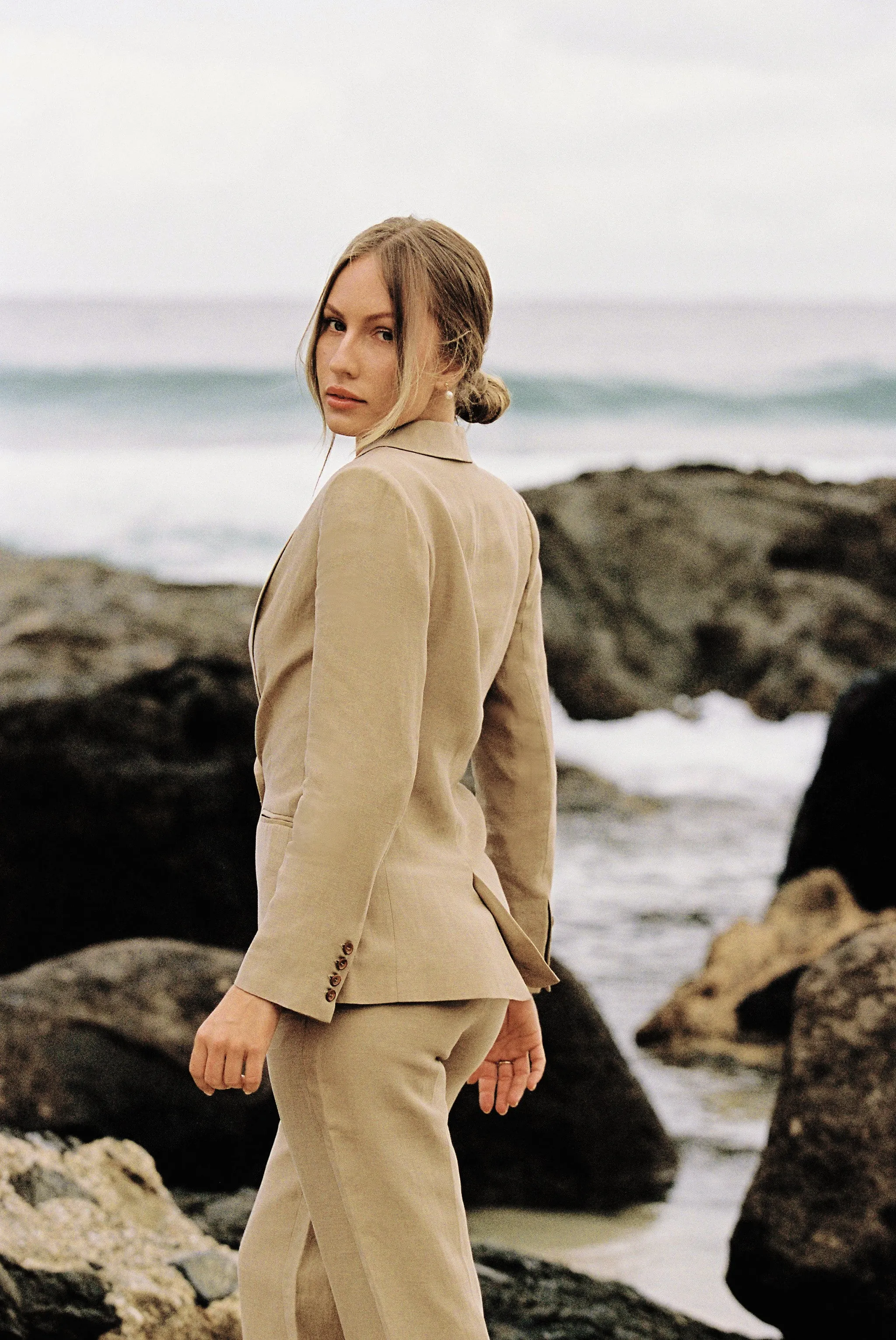 Tailored Linen Blazer in Almond