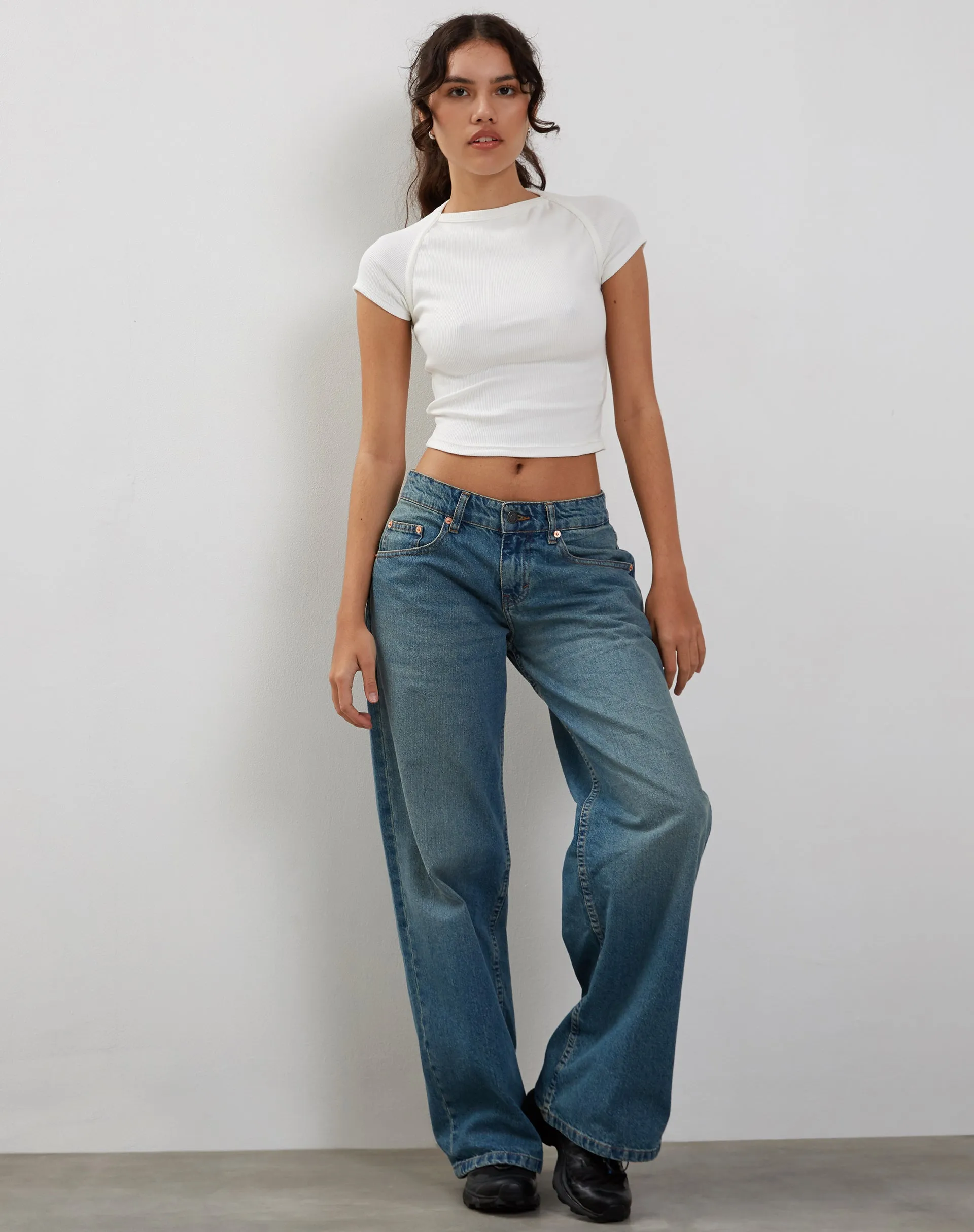 Tasley Ribbed Folded Sleeve Tee in White