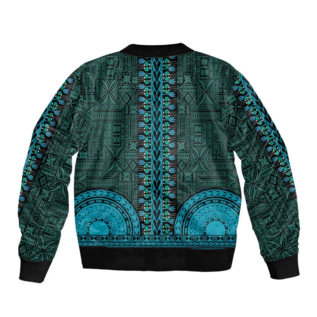 Teal Dashiki and Tapa Pattern Bomber Jacket Africa-Polynesia Together Culture LT9