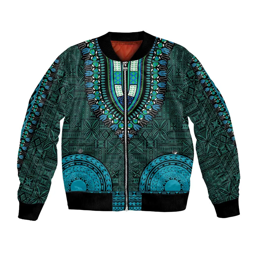 Teal Dashiki and Tapa Pattern Bomber Jacket Africa-Polynesia Together Culture LT9
