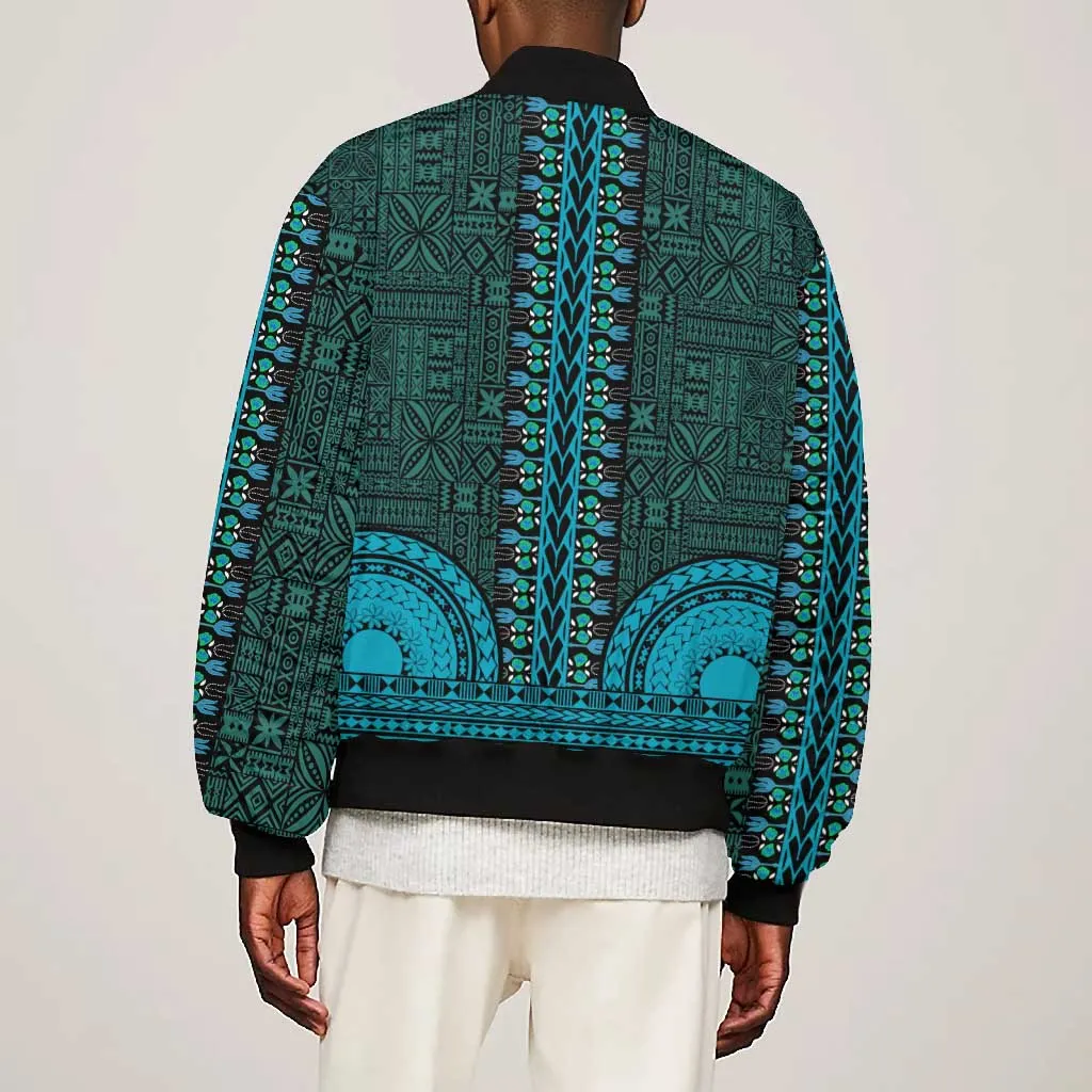 Teal Dashiki and Tapa Pattern Bomber Jacket Africa-Polynesia Together Culture LT9