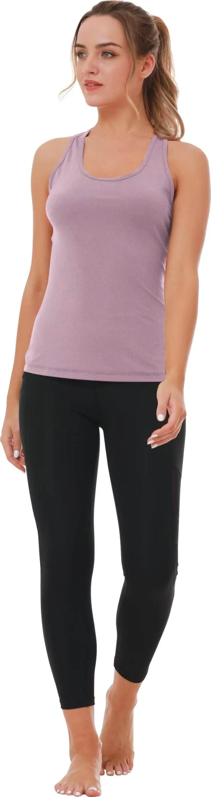 TELALEO 5 Pack Workout Tank Tops for Women, Athletic Racerback Sports Tops, Compression Sleeveless Dry Fit Shirts Black/Grey/White/Light Grey/Purple M/02