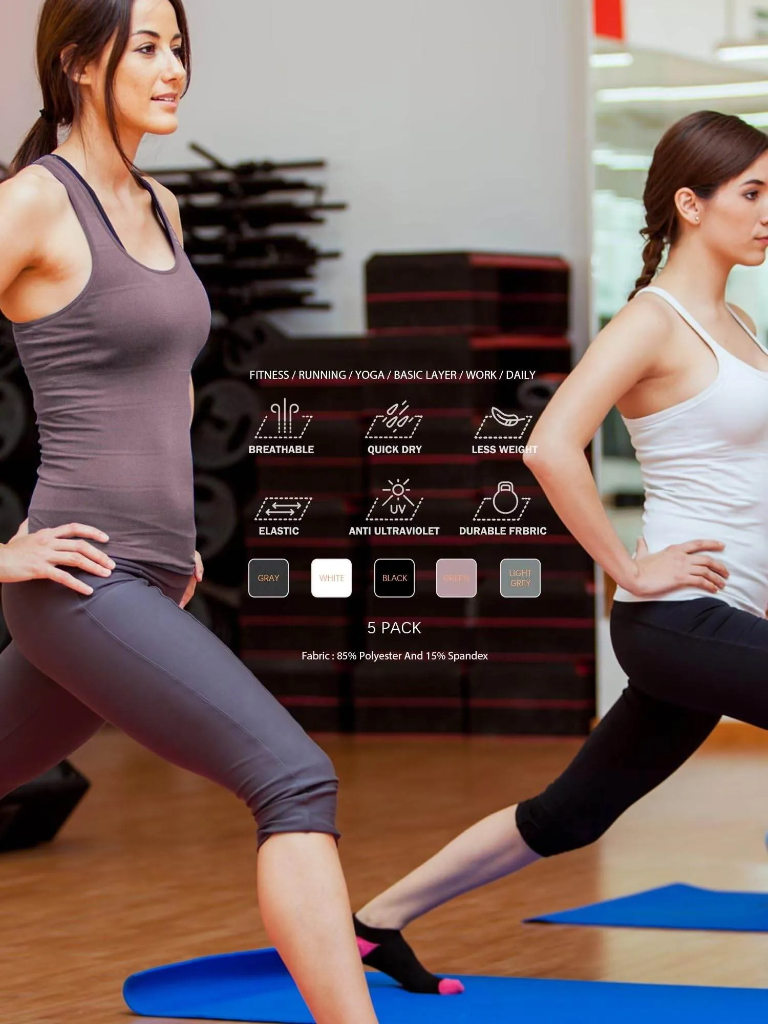 TELALEO 5 Pack Workout Tank Tops for Women, Athletic Racerback Sports Tops, Compression Sleeveless Dry Fit Shirts Black/Grey/White/Light Grey/Purple M/02