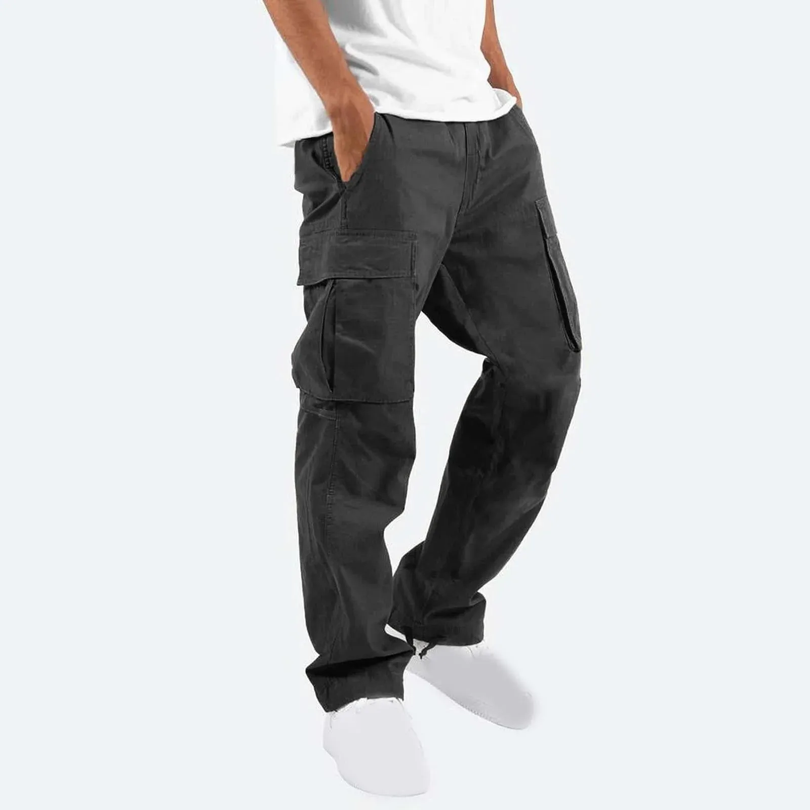 Trousers Full Length Pants for Men Solid 2025 Casual Multiple Pockets Outdoor Straight Type Fitness Pants Cargo Pants Trousers Gray