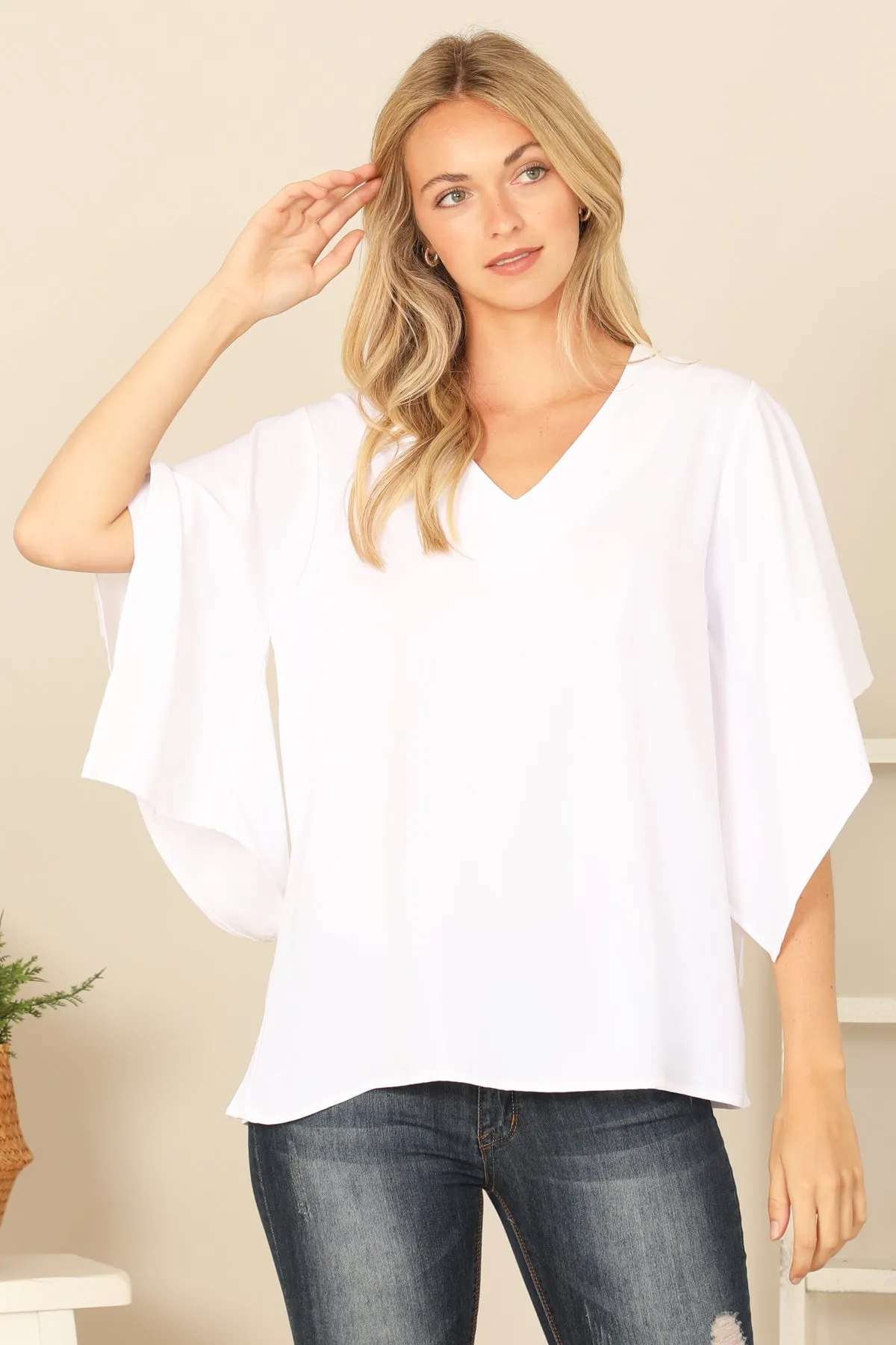 V-NECK BUTTERFLY SLEEVE SOLID TOP