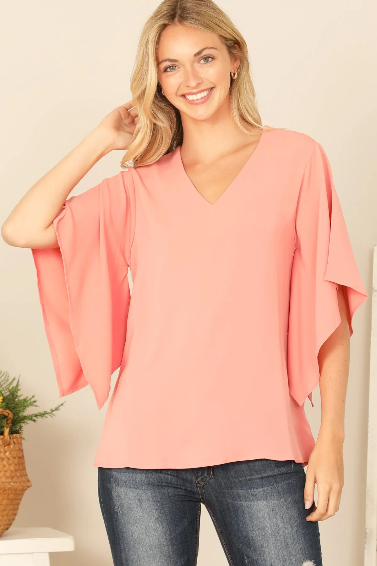 V-NECK BUTTERFLY SLEEVE SOLID TOP