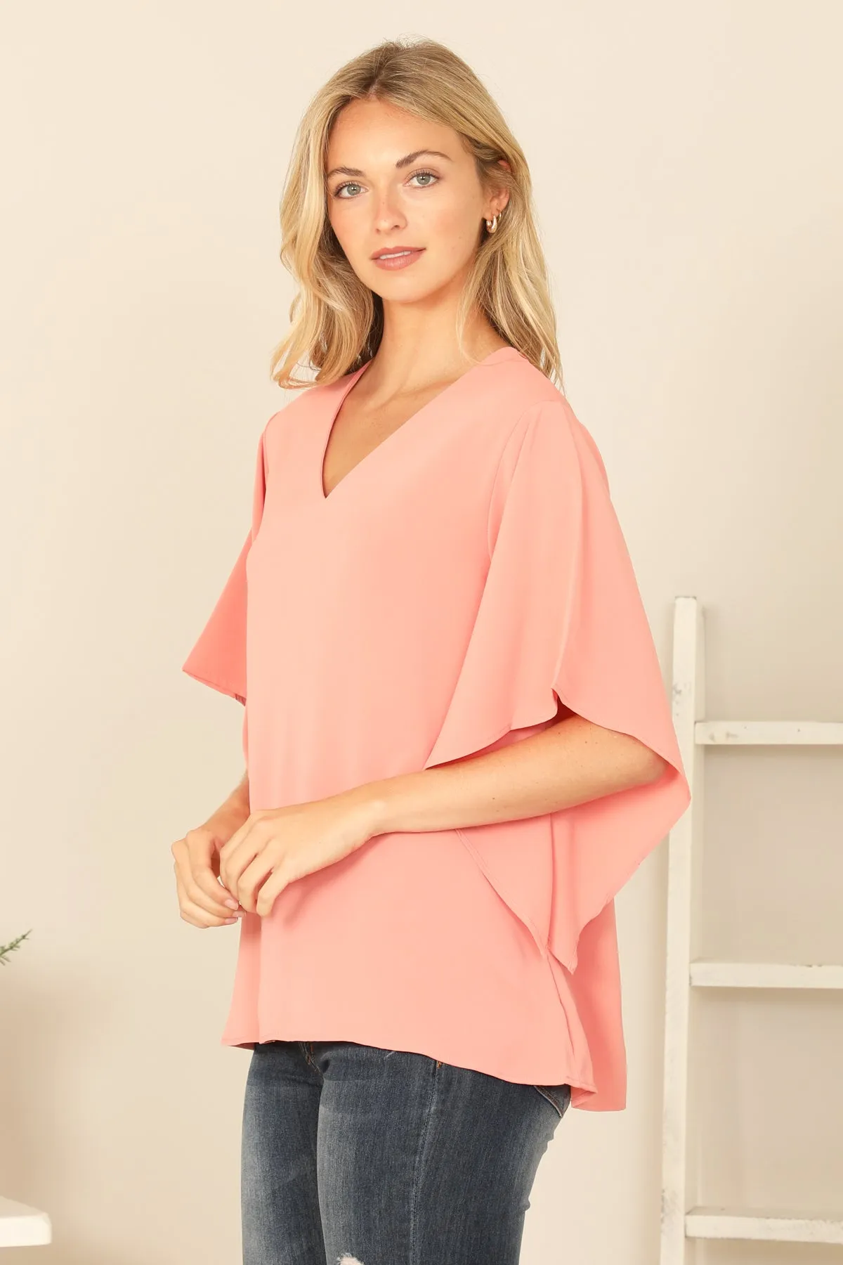 V-NECK BUTTERFLY SLEEVE SOLID TOP