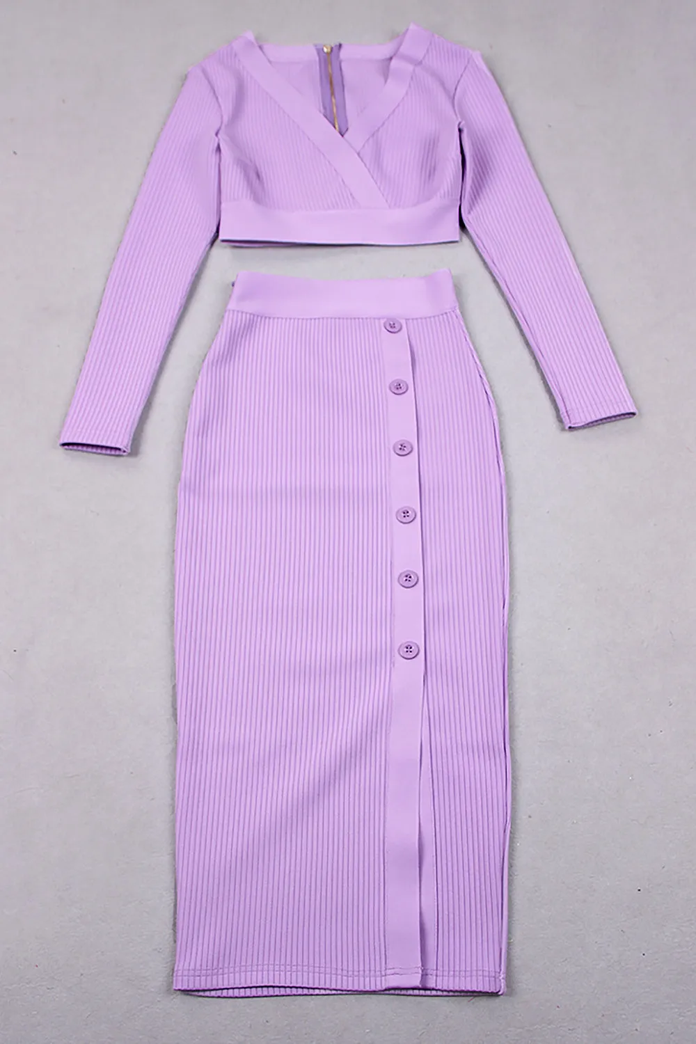 V-Neck Long Sleeve Top & Pencil Midi Skirt Bandage Two-Piece Set