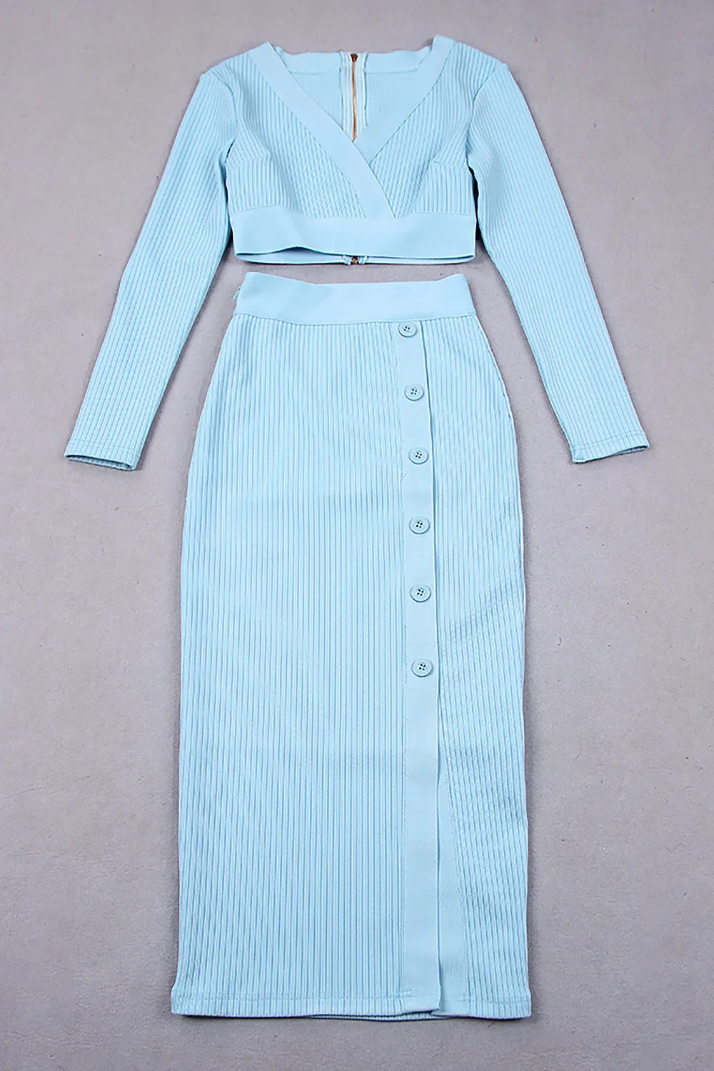 V-Neck Long Sleeve Top & Pencil Midi Skirt Bandage Two-Piece Set